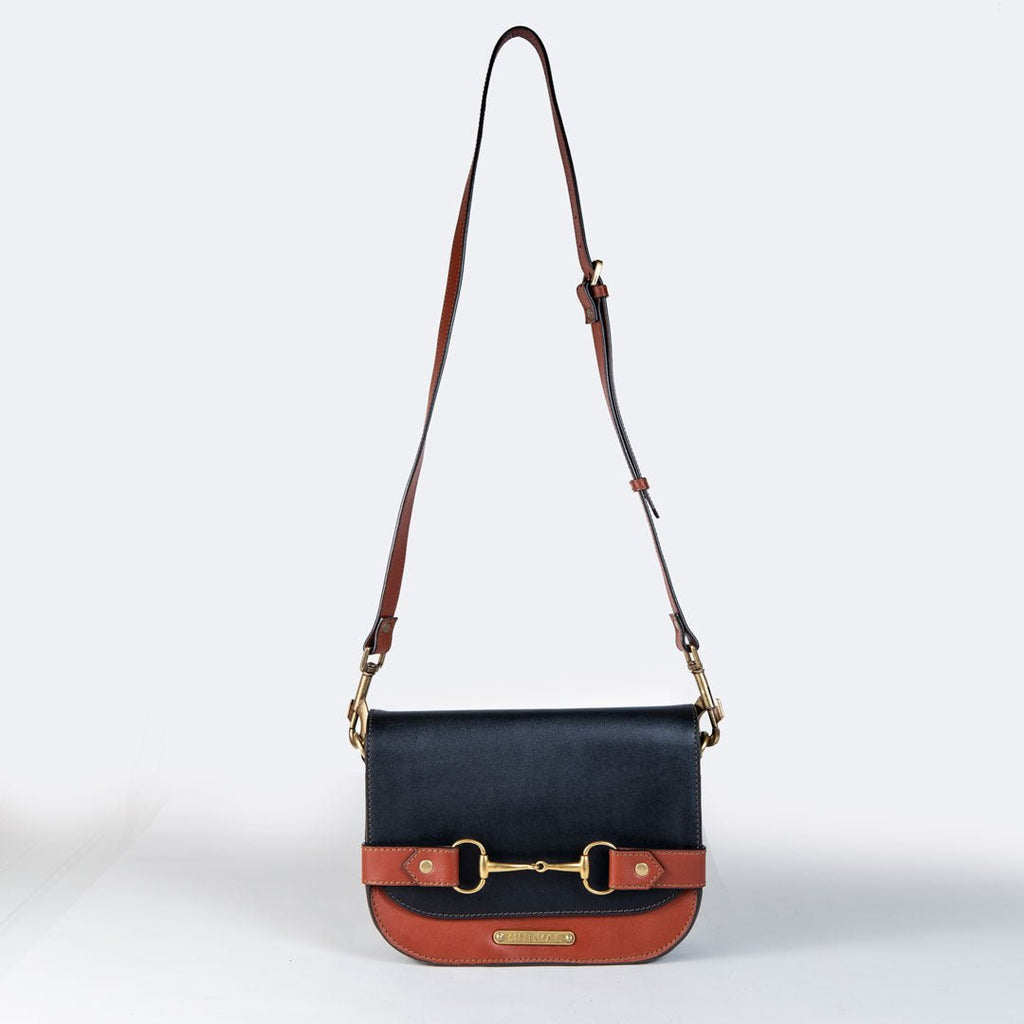 Saratoga- Horse Bit Crossbody Luxury Leather Handbag in Cognac on Black