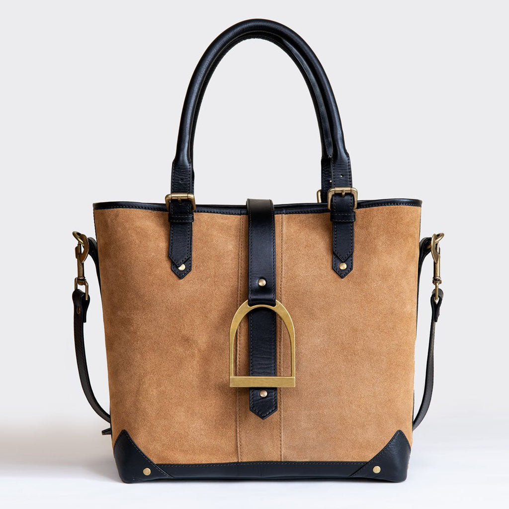 Signature - Riding Stirrup Tote Luxury Leather Handbag in Black on Chestnut