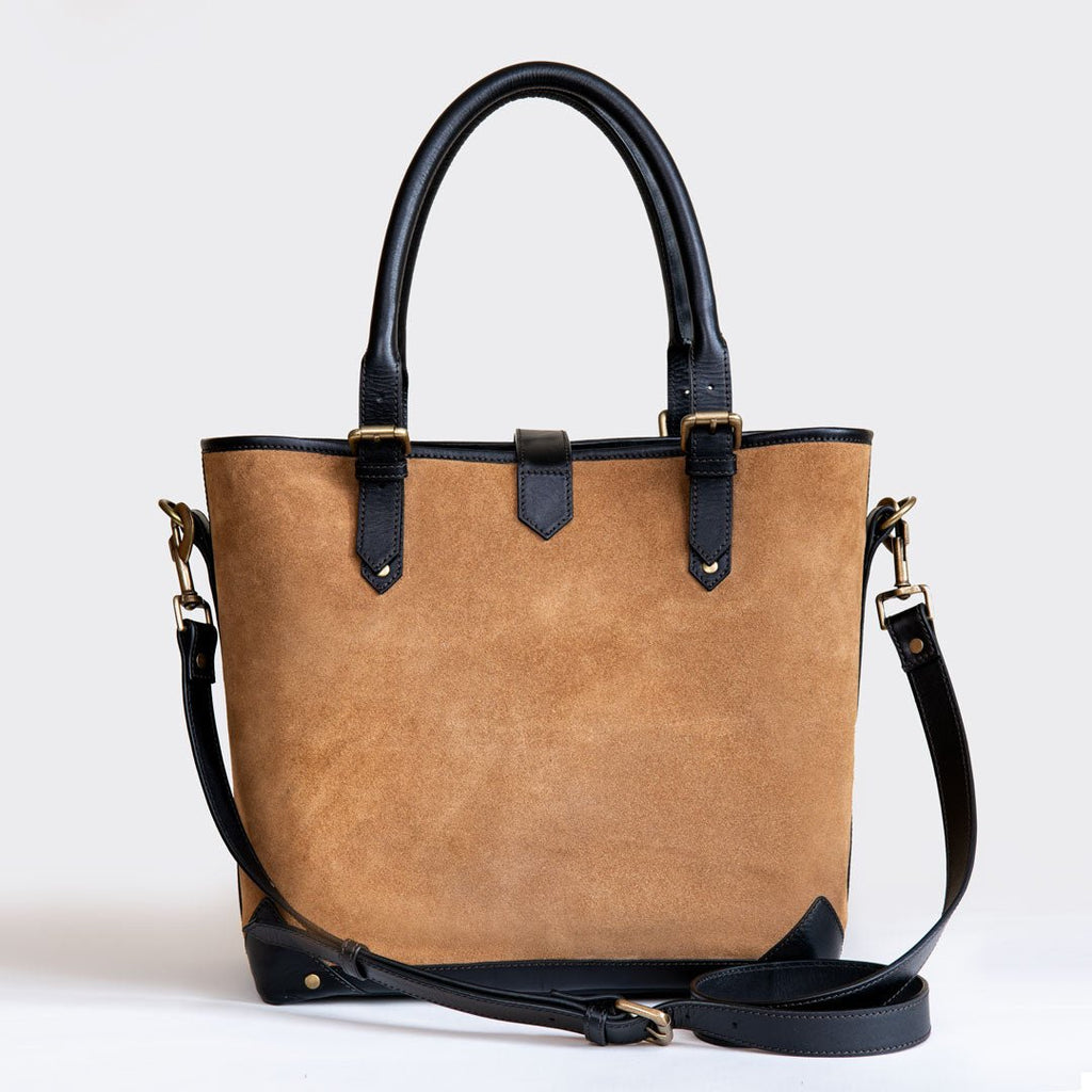 Signature - Riding Stirrup Tote Luxury Leather Handbag in Black on Chestnut
