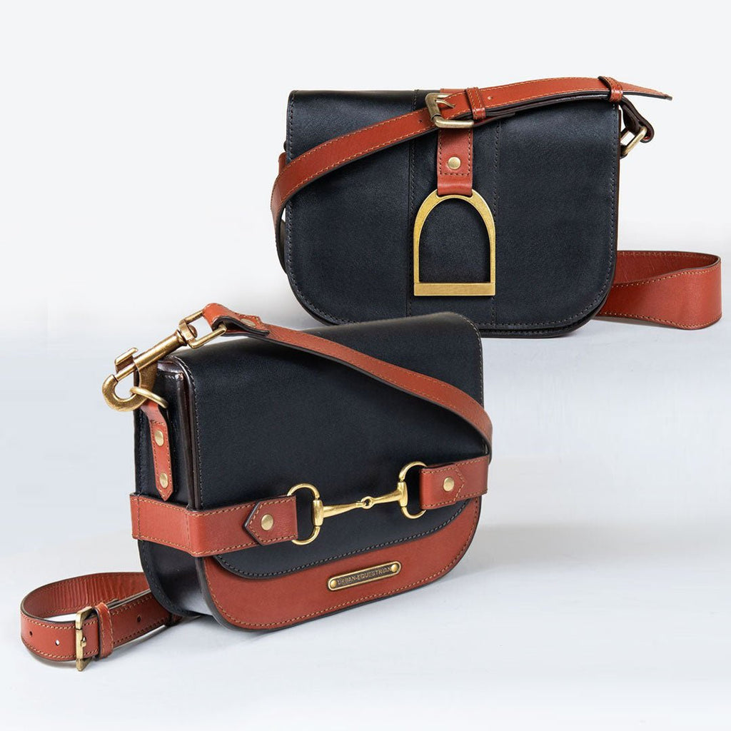Saratoga- Horse Bit Crossbody Luxury Leather Handbag in Cognac on Black